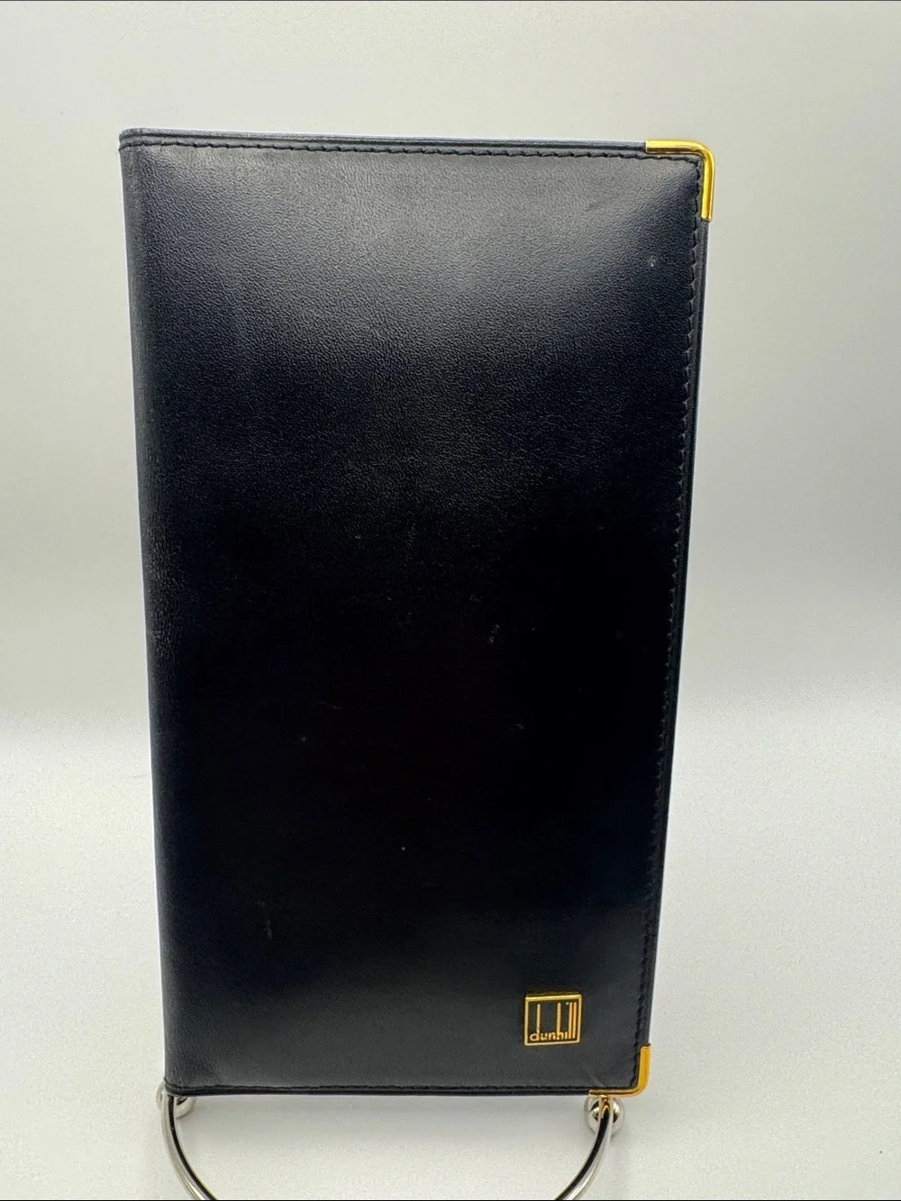 Dunhill Black Leather Folio Phone Case with Gold Corner and Logo Accents